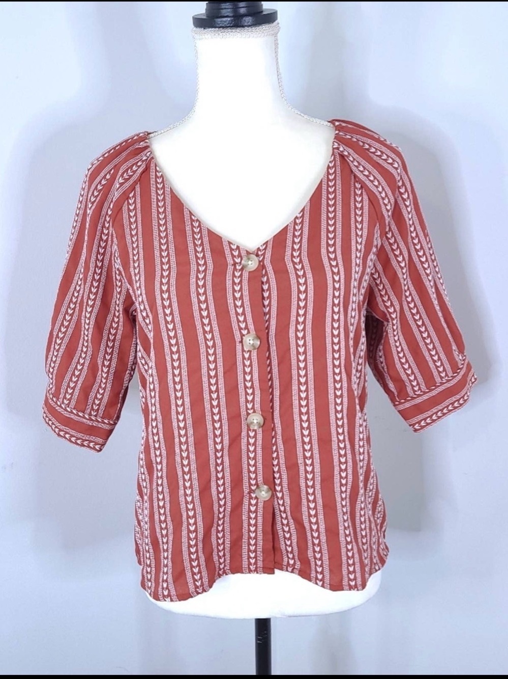 Harper Rust Striped Puff Sleeve Button Front Blouse Top XXS